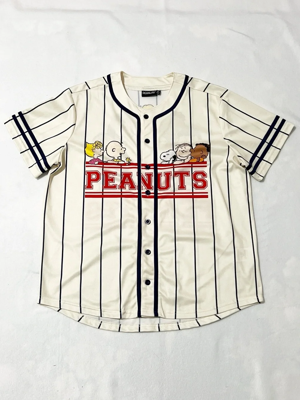 Peanuts Cream Stripes Graphic Jersey Button Down Sporty Athletic XL